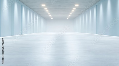 A long, empty hallway features pale blue walls and a light-colored floor. Recessed lighting illuminates the space. The image is digitally rendered, exhibiting high quality and even lighting. Its mi