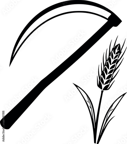 Outline illustration of a sickle and wheat traditional farming