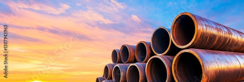 Steel Pipes at Sunset - Large diameter steel pipes stacked against a vibrant sunset sky. Industrial, construction, energy concept