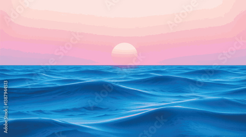 Watercolor vector ocean with deep blue waves and a pastel sunset.