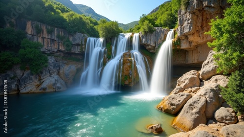 Stunning Polylimnio Waterfalls in Greece at midday with hot, sunny summer conditions, shot from a panoramic perspective.