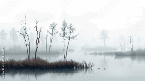 Watercolor vector swamp with misty trees and calm water reflections