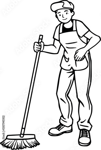Outline janitor with mop. Vector cleaning service worker in line art style.