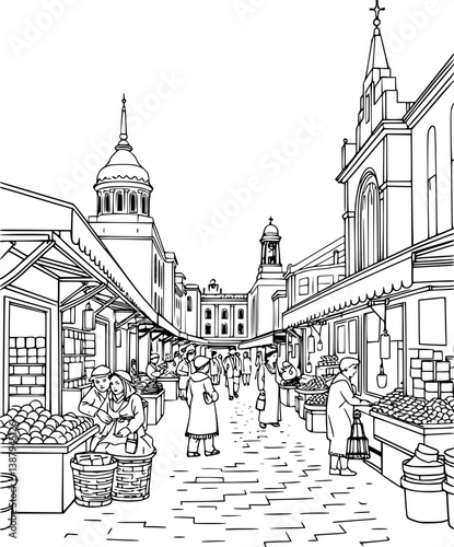 Outline Kyiv marketplace. Vector historical trade scene illustration in minimalist line art style.