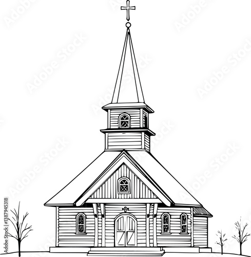 Outline Ukrainian wooden church. Vector historical architecture illustration in minimalist line art.