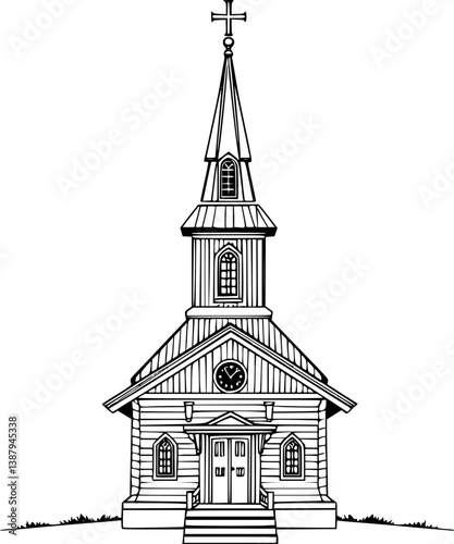Outline Ukrainian wooden church. Vector historical architecture illustration in minimalist line art.