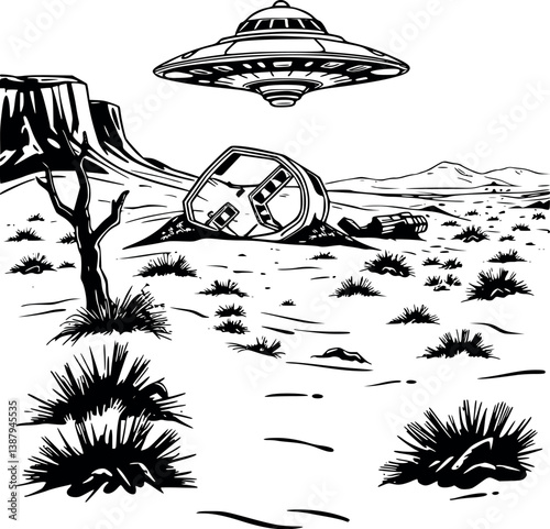 Outline crashed UFO in desert. Vector alien mystery illustration in minimalist line art.