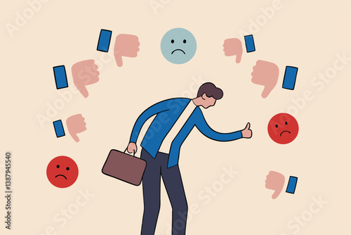 Response to negative feedback, dislike or bad customer review rating, handle complaint, business mistake or problem, satisfaction or angry opinion concept, businessman response to negative feedback.