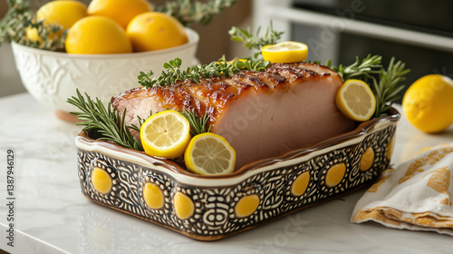 Close-Up View of Lemon Garlic Rosemary Ham with Spring Decorations on a Marble Countertop photo