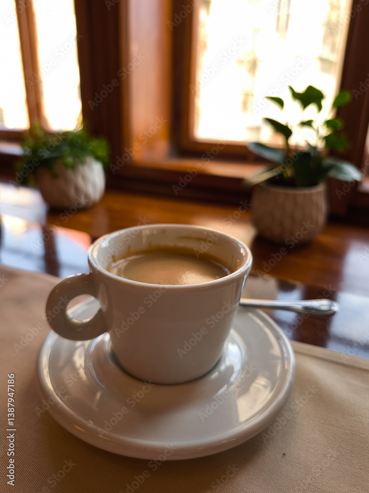 Enjoying a cup of coffee Lungo in a prague cafe in april Enjoying a cup of coffee Lungo in a prague cafe in april