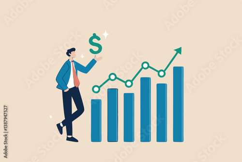 Sales person, marketing or investment professional, earning profit or sale commission money, growth planning or success financial advisor concept, confident businessman hold dollar with growth chart.