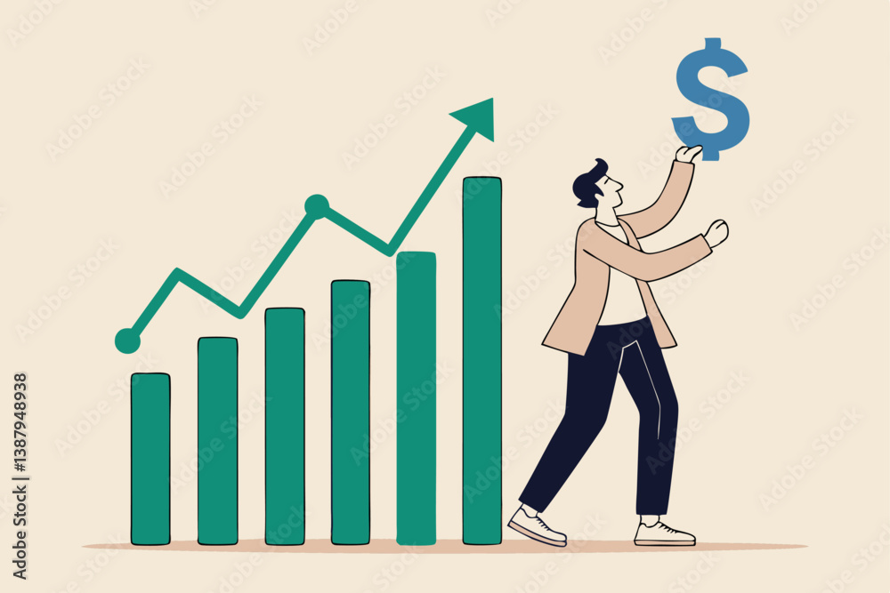 Obraz premium Sales person, marketing or investment professional, earning profit or sale commission money, growth planning or success financial advisor concept, confident businessman hold dollar with growth chart.