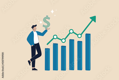 Sales person, marketing or investment professional, earning profit or sale commission money, growth planning or success financial advisor concept, confident businessman hold dollar with growth chart.
