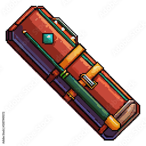 Pixel Art Vintage Suitcase with Straps and Travel Stickers