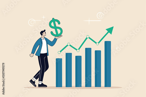 Sales person, marketing or investment professional, earning profit or sale commission money, growth planning or success financial advisor concept, confident businessman hold dollar with growth chart.