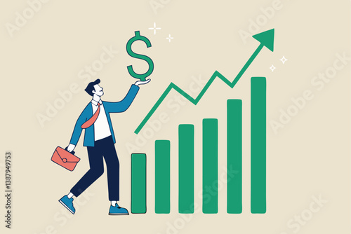 Sales person, marketing or investment professional, earning profit or sale commission money, growth planning or success financial advisor concept, confident businessman hold dollar with growth chart.
