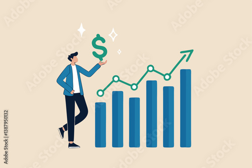 Sales person, marketing or investment professional, earning profit or sale commission money, growth planning or success financial advisor concept, confident businessman hold dollar with growth chart.