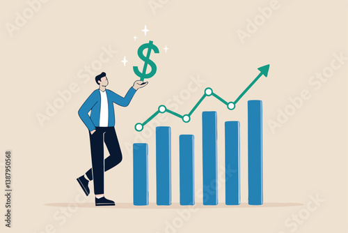 Sales person, marketing or investment professional, earning profit or sale commission money, growth planning or success financial advisor concept, confident businessman hold dollar with growth chart.