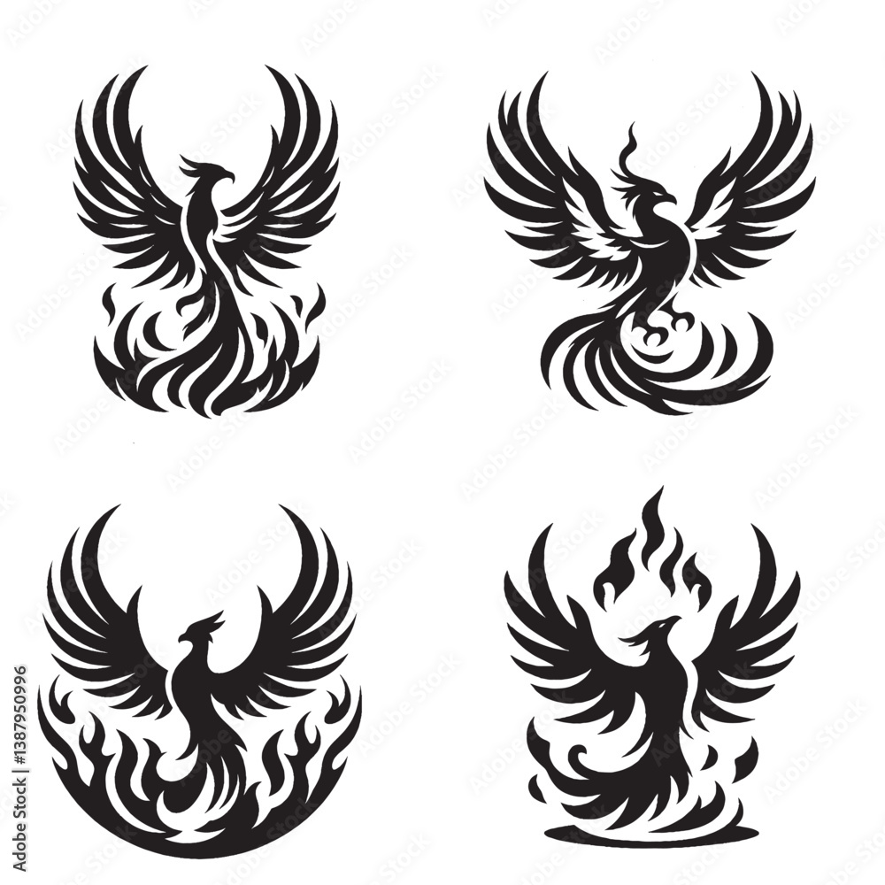 Fototapeta premium Phoenix Silhouette | Rising from Flames Mythical Fire Bird Vector
