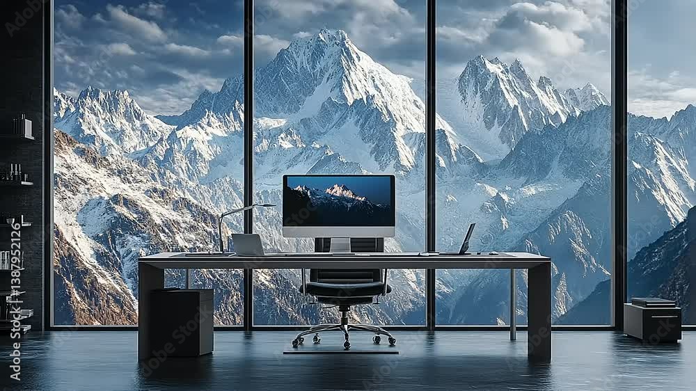 Modern office workspace with a computer overlooking majestic snow-capped mountains and dramatic clouds
