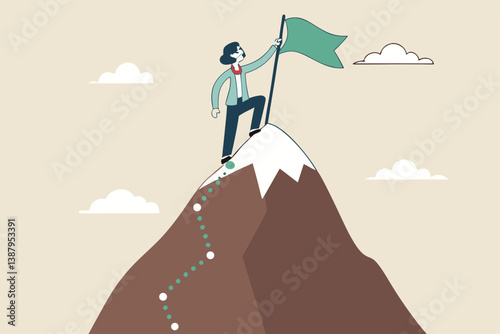 Success journey, milestone to reach goal, challenge or achievement, business progress or growth to succeed, climbing mountain mission concept, success businessman winner on hilltop milestone path.