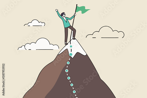 Success journey, milestone to reach goal, challenge or achievement, business progress or growth to succeed, climbing mountain mission concept, success businessman winner on hilltop milestone path.