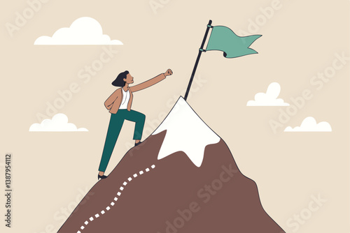 Success journey, milestone to reach goal, challenge or achievement, business progress or growth to succeed, climbing mountain mission concept, success businessman winner on hilltop milestone path.