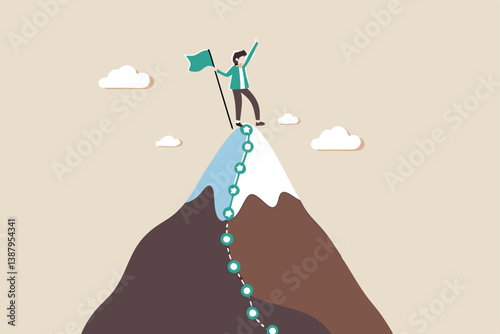 Success journey, milestone to reach goal, challenge or achievement, business progress or growth to succeed, climbing mountain mission concept, success businessman winner on hilltop milestone path.