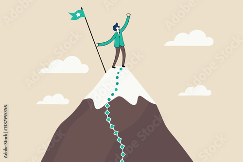 Success journey, milestone to reach goal, challenge or achievement, business progress or growth to succeed, climbing mountain mission concept, success businessman winner on hilltop milestone path.