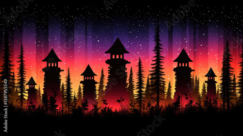 A stunning digital illustration showcasing a vibrant sunset over a silhouetted forest, featuring enchanting towers and a breathtaking starry sky.