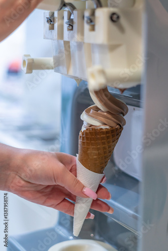 Delicious Treat Preparation: Close-up of female hand holding crispy waffle cone receiving a perfectly formed creamy swirl of mixed chocolate and vanilla soft serve ice cream from dispenser machine.