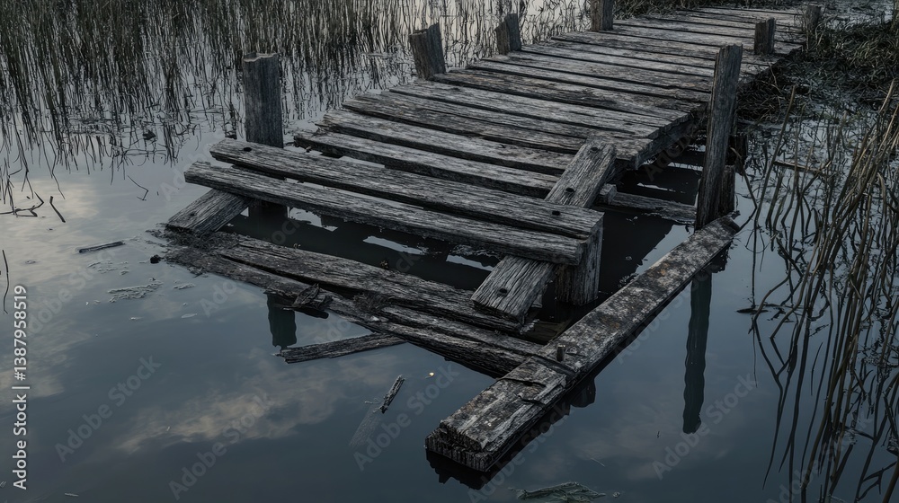 Fototapeta premium A hand-built old wooden bridge partially submerged in a marsh