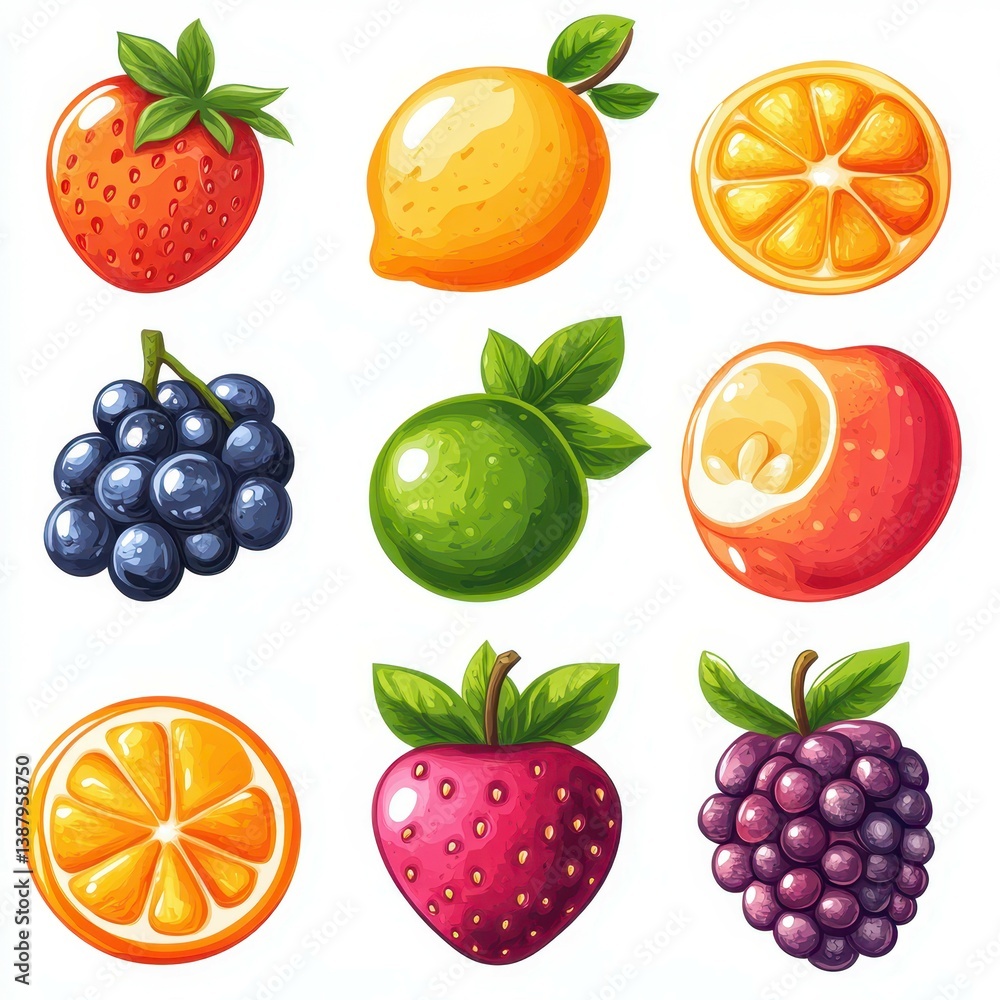 Collection of colorful fruit illustrations showing strawberries, lemons, oranges, grapes, and limes arranged in a grid pattern Collection of colorful fruit illustrations showing strawberries, lemons, oranges, grapes, and limes arranged in a grid pattern