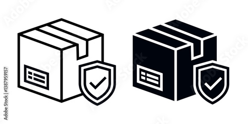 Safe delivery icon set. Check Carton Parcel Box check mark with shield protection. Free shipping delivery service logo, badge, symbol, label, black, line, flat vector isolated on white background.