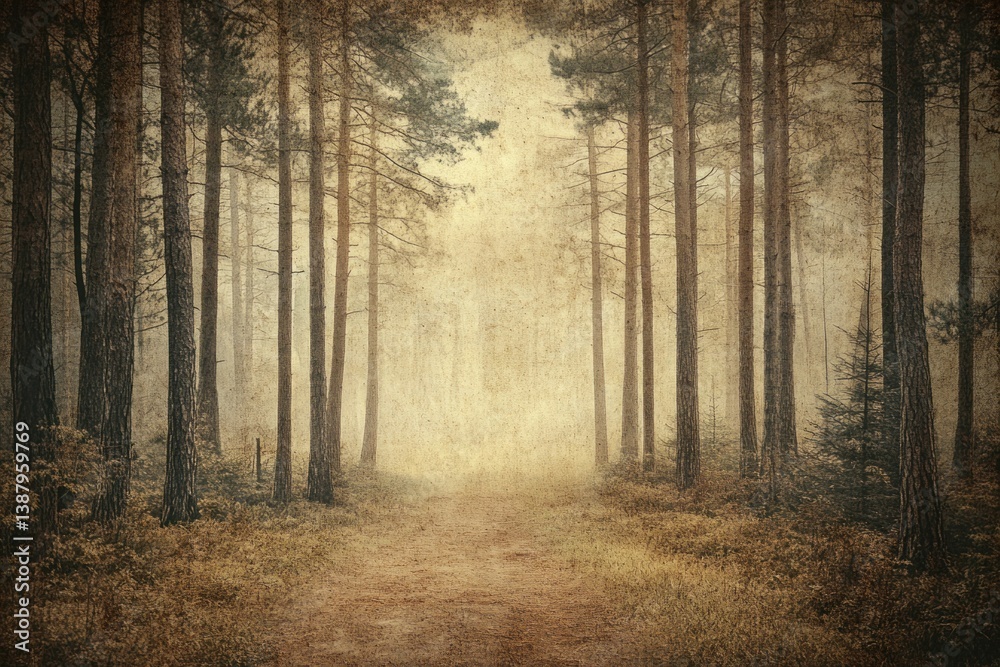 Naklejka premium A path wanders through tall trees in a misty forest scene