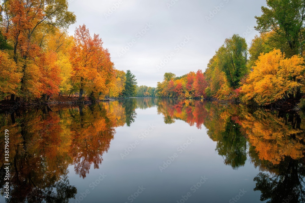 Fototapeta premium Vibrant autumn colors reflected in a calm lake, tranquility