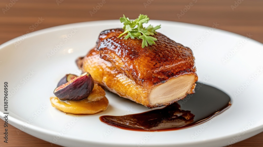 A gourmet duck confit, crispy golden skin, tender meat falling off the bone, served with a side of caramelized figs and balsamic glaze A gourmet duck confit, crispy golden skin, tender meat falling off the bone, served with a side of caramelized figs and balsamic glaze