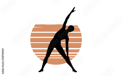 Silhouette of person in yoga side bend stretch pose. Vector illustration against stylized sunset background for fitness, wellness, flexibility, exercise, health