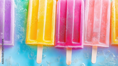 Frozen fruit popsicles in vibrant colors, perfect for summer treats, dessert, and food styling visuals.