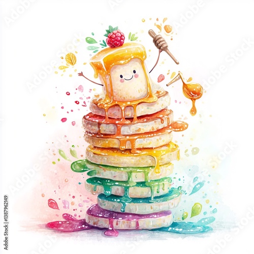 A giggling pancake stack with syrup arms and butter hat