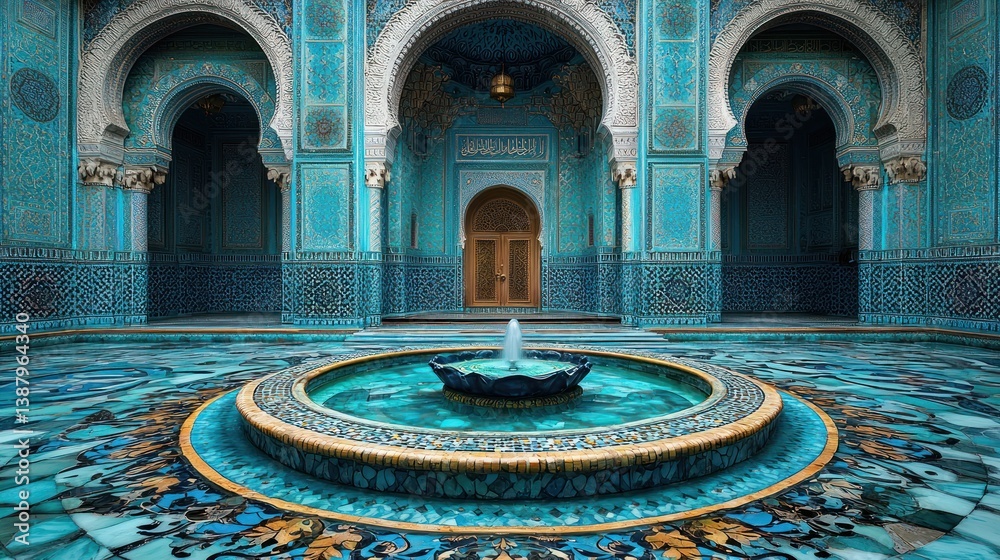 Obraz premium Stunning blue courtyard with fountain