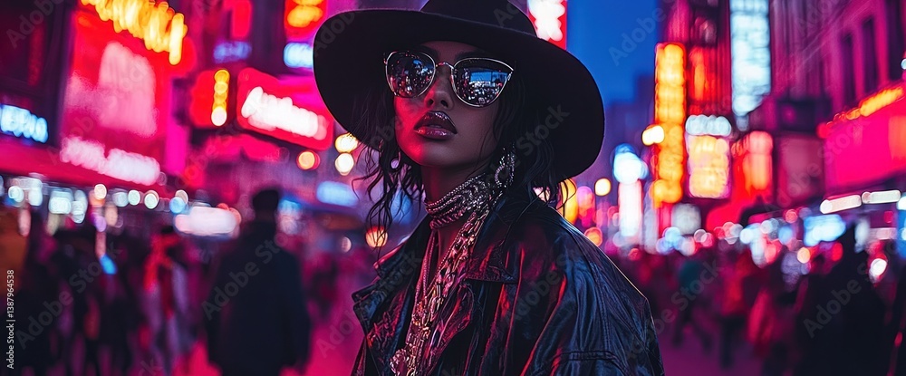 Obraz premium Woman in stylish attire amidst vibrant city lights
