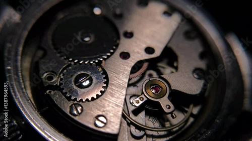 Close up of inner mechanism of a vintage watch with changing lighting