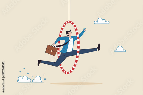Capability or employee competence, skill and performance to achieve success, challenge or motivation to overcome obstacle, winning concept, capable skillful businessman winner jump through the hoop.