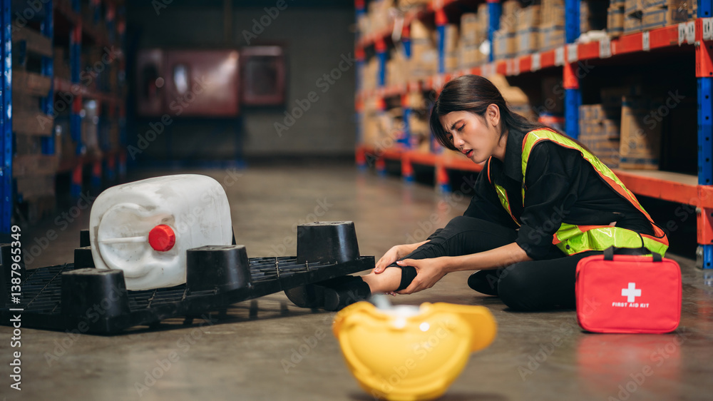 Fototapeta premium Warehouse worker has an accident from falling from a height while working in a factory.