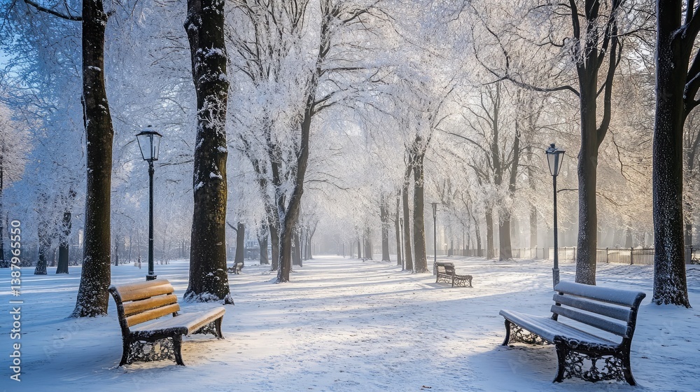 A frozen park with delicately sculpted ice benches and snow-covered trees. A frozen park with delicately sculpted ice benches and snow-covered trees.