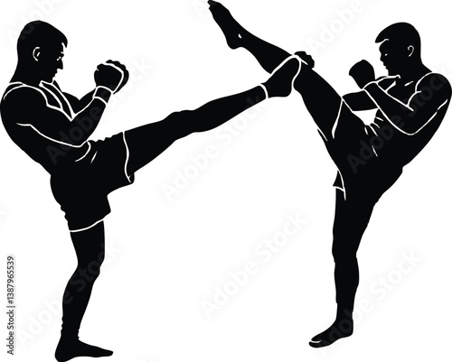 Kickboxers exchanging kicks silhouette