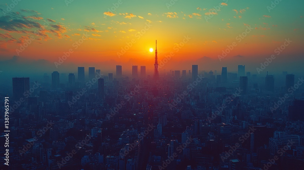 Fototapeta premium Sunrise over a misty cityscape
