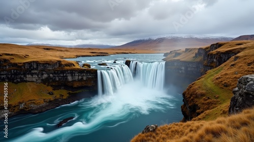Panoramic view of Barnafoss waterfall in Iceland with cloudy skies at midday.