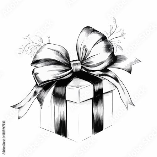 Gift box with large bow detailed ink drawing style representing gifting